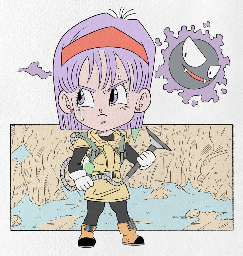 boots bulma chibi closed_mouth dragon_ball dragonball_z earrings fangs gastly gen_1_pokemon ghost hairband highres jewelry nintendo pokemon pokemon_(creature) purple_eyes purple_hair red_hairband wesatinthecar