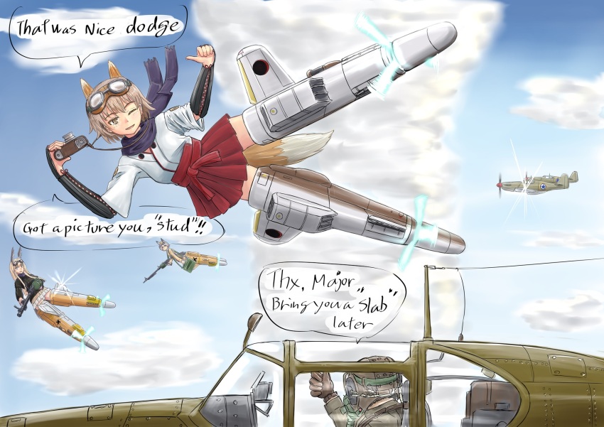 1boy 3girls ;d aircraft airplane animal_ears arm_guards black_jacket blonde_hair blue_sky brown_eyes brown_gloves brown_hair camera cloud cockpit commentary_request english_text flying fox_ears fox_tail gloves goggles goggles_on_head gun hakama hakama_skirt hanna-justina_marseille highres jacket japanese_clothes katou_keiko keyboardnoob machine_gun mg42 mirror multiple_girls one_eye_closed open_mouth p-51_mustang purple_scarf radio_antenna raisa_pottgen red_skirt scarf shirt skirt sky smile strike_witches striker_unit tail thumbs_up translation_request weapon white_shirt white_skirt wing_ears world_witches_series
