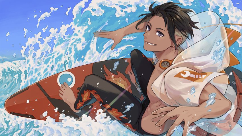 1boy alchemy_stars barefoot black_hair black_male_swimwear brock_(alchemy_stars) brock_(trailblazing_fashionista)_(alchemy_stars) dark-skinned_male dark_skin day flame_print grey_eyes highres isshoku_(shiki) jacket legskin male_focus male_swimwear outdoors print_male_swimwear print_swimsuit short_hair smile solo surfboard surfing swimsuit tail teeth water waves white_jacket