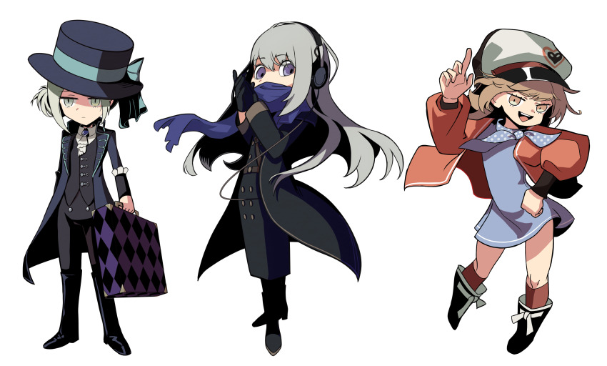 3girls :/ :d absurdres ankle_boots ascot bkornblume black_coat black_dress black_footwear black_gloves black_hat black_pants black_pantyhose black_vest blue_bow blue_brooch blue_dress blue_eyes blue_neckerchief blue_scarf boater_hat boots bow brown_hair newsboy_cap coat collared_shirt covered_mouth deformed dress floating_hair full_body gloves grey_eyes grey_hair hair_bun hand_up hands_up hat hat_bow headphones highres holding holding_suitcase index_finger_raised jacket knee_boots kneehighs legs_apart long_dress long_hair long_sleeves looking_at_viewer multiple_girls neckerchief open_mouth orange_eyes pants pants_tucked_in pantyhose polka_dot_neckerchief puffy_long_sleeves puffy_sleeves red_jacket red_socks regulus_(reverse:1999) reverse:1999 scarf scarf_over_mouth shirt short_dress short_hair single_side_bun smile socks standing suitcase teeth thiepriest upper_teeth_only vertin_(reverse:1999) vest waistcoat white_ascot white_background white_shirt