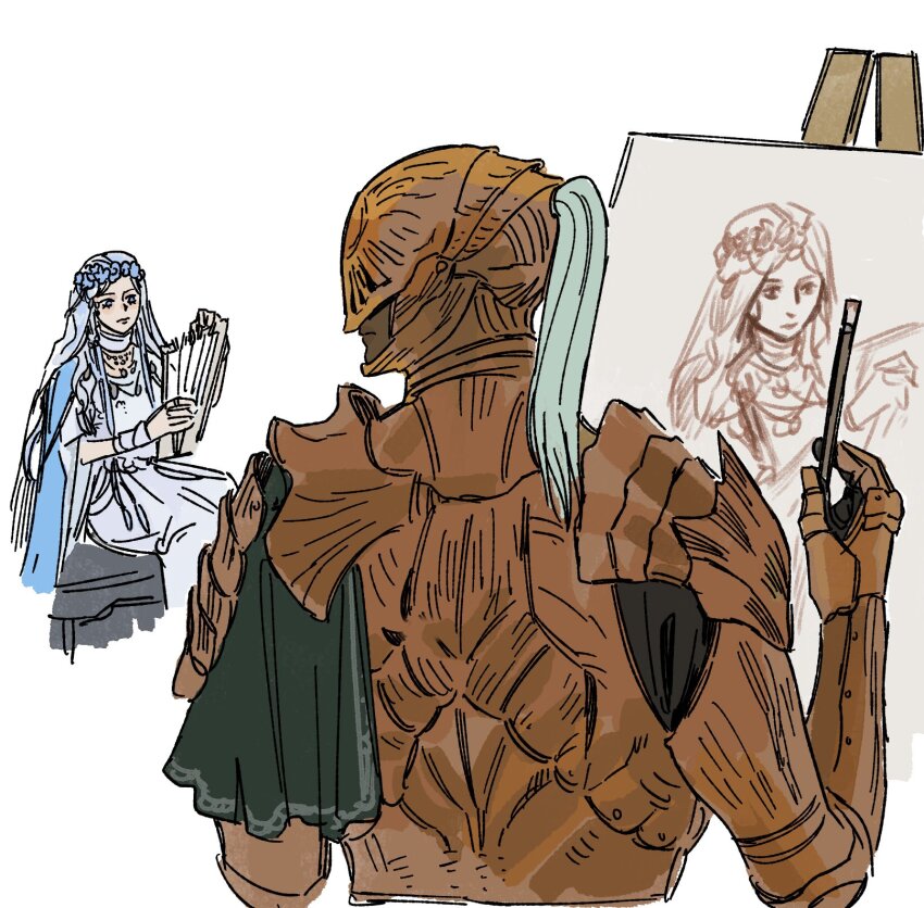 1boy 1girl armor braid chocytd claw_ring cropped_torso dark_skin doll_joints easel elden_ring elden_ring_nightreign executor_(elden_ring) flower_wreath from_behind full_body head_wreath helmet highres holding holding_instrument holding_lyre instrument joints looking_to_the_side low_twin_braids lyre painting_(action) painting_(object) revenant_(elden_ring) sitting twin_braids veil white_background white_veil