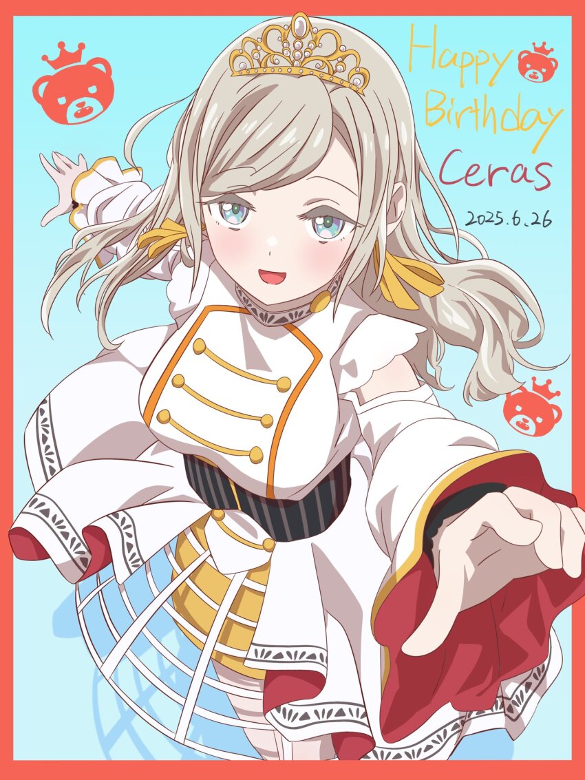 1girl :d black_corset blue_background blue_eyes border breasts buttons ceras_yanagida_lilienfeld character_logo character_name clothing_cutout commentary_request corset crinoline dated double-breasted dress edelied feet_out_of_frame gold_tiara gradient_background hair_ribbon happy_birthday highres large_breasts layered_sleeves link!_like!_love_live! long_hair long_sleeves looking_at_viewer love_live! myrain56991013 official_alternate_costume open_mouth orange_border outside_border reaching reaching_towards_viewer ribbon shoulder_cutout sidelocks simple_background skirt smile solo standing underbust virtual_youtuber white_dress yellow_ribbon yellow_skirt