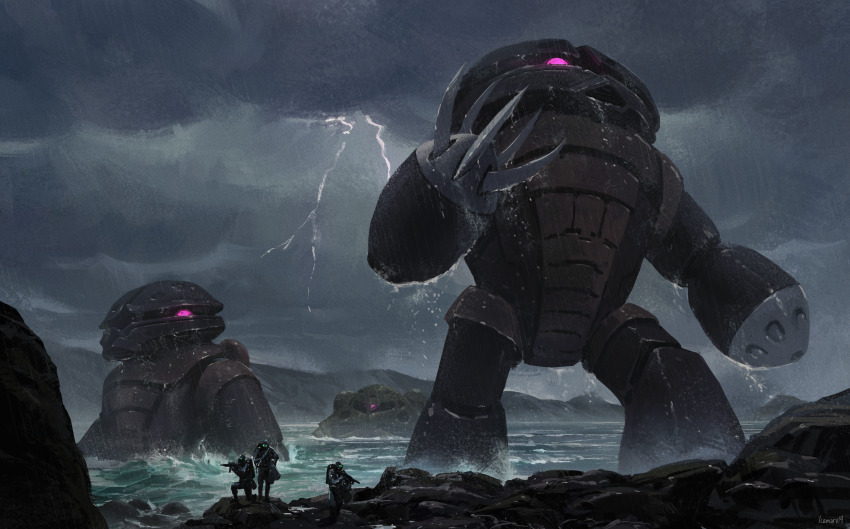 3boys absurdres acguy artist_name claws commentary english_commentary gundam highres icemarv14 legs_apart lightning mecha mecha_focus mobile_suit mobile_suit_gundam mountain multiple_boys ocean one-eyed outdoors overcast partially_submerged purple_eyes rain realistic robot science_fiction sky standing wading water z&#039;gok zeon