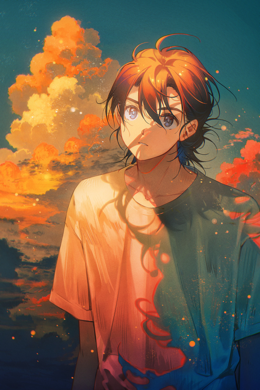 1boy absurdres ajiro_shinpei black_hair blue_eyes blue_sky cloud collarbone commentary_request hair_between_eyes highres messy_hair outdoors parted_lips shirt short_hair short_sleeves sky solo summertime_render sunset tidsean white_shirt