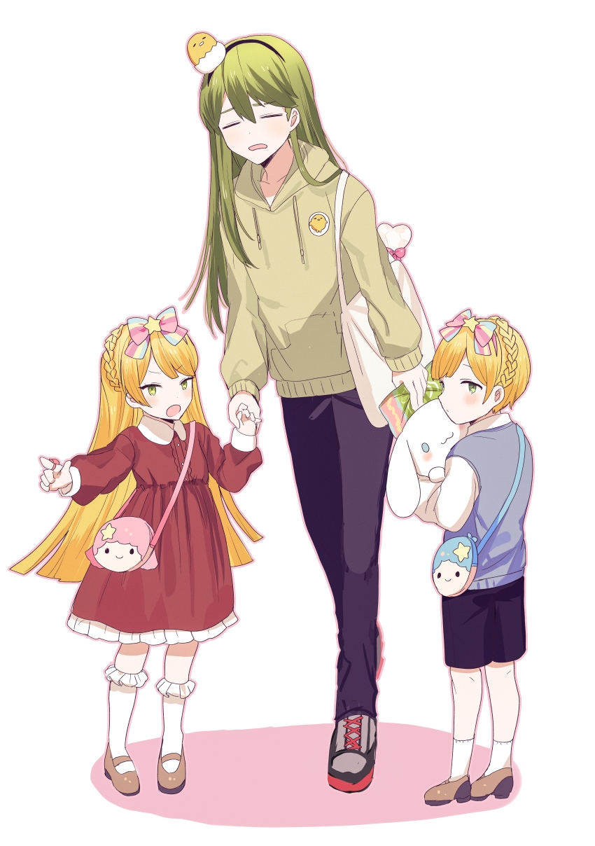 1girl 2boys absurdres black_footwear blonde_hair blue_pants blue_shorts blue_sweater_vest bow braid brown_footwear child cinnamoroll crown_braid dress full_body fuwa_fuwa_cinnamoroll green_hoodie gudetama hair_bow highres hood hoodie kiki_(little_twin_stars) kneehighs lala_(little_twin_stars) little_twin_stars lobotomy_corporation long_sleeves multiple_boys netzach_(project_moon) pants project_moon red_dress sanrio shirt shoes shorts simple_background sneakers socks sweater_vest tiphereth_a_(project_moon) tiphereth_b_(project_moon) white_background white_shirt white_socks y_o_u_k_a