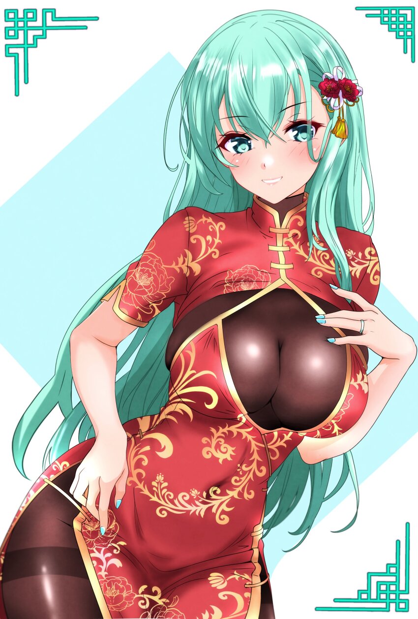 1girl absurdres alternate_costume aqua_hair blush bodysuit breasts china_dress chinese_clothes cleavage cowboy_shot dress green_background hair_ornament hairclip highres kantai_collection large_breasts long_hair looking_at_viewer nitamako_(sakamalh) smile solo suzuya_(kancolle)