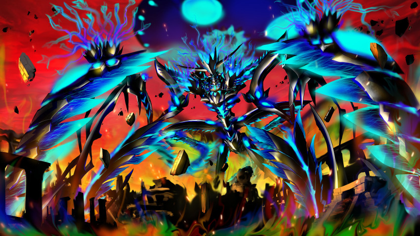 1other alien bug faceless fate/grand_order fate_(series) fire giant giant_monster green_fire highres horns monster nahui_mictlan_(fate/grand_order) no_humans official_art ort_(type-moon) pfalz red_sky ruins sky solo spider tendril