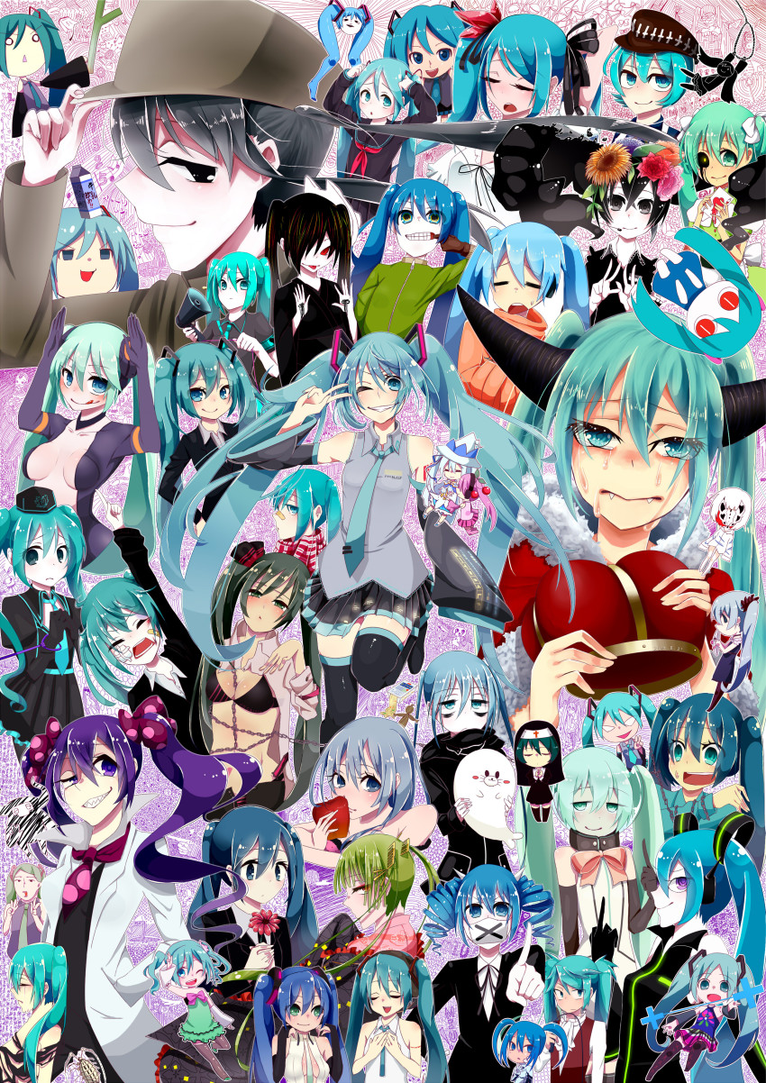 1925_(vocaloid) 6+girls :q absurdres aimaina arifureta_sekai_seifuku_(vocaloid) arms_up bandages bandaid bikini bikini_top_only chain chibi closed_eyes crown detached_sleeves dream_meltic_halloween_(vocaloid) grin hachune_miku hannyashingyou_pop_(vocaloid) hat hatsune_miku hatsune_miku_(append) hatsune_miku_(colorful_drop) hatsune_miku_(regret) hatsune_miku_(saihate) hatsune_miku_(supreme) highres himitsu_keisatsu_(vocaloid) hitobashira_alice_(vocaloid) ievan_polkka_(vocaloid) kagerou_days_(vocaloid) karakuri_pierrot_(vocaloid) koi_wa_sensou_(vocaloid) kusari_no_shoujo_(vocaloid) long_hair matryoshka_(vocaloid) mikudayo mukashi_mukashi_no_kyou_no_boku_(vocaloid) multiple_girls musunde_hiraite_rasetsu_to_mukuro_(vocaloid) nato-kun necktie one_eye_closed open_mouth ren&#039;ai_philosophia_(vocaloid) rolling_girl_(vocaloid) romeo_to_cinderella_(vocaloid) saihate_(vocaloid) sakura_miku school_uniform serafuku shiteyan&#039;yo shuudou_shoujo_to_guuzou_shoujo_(vocaloid) skirt smile songover spring_onion swimsuit tears the_beast_(vocaloid) thighhighs tongue tongue_out twintails v very_long_hair vocaloid vocaloid_append world_is_mine_(vocaloid) yuki_miku