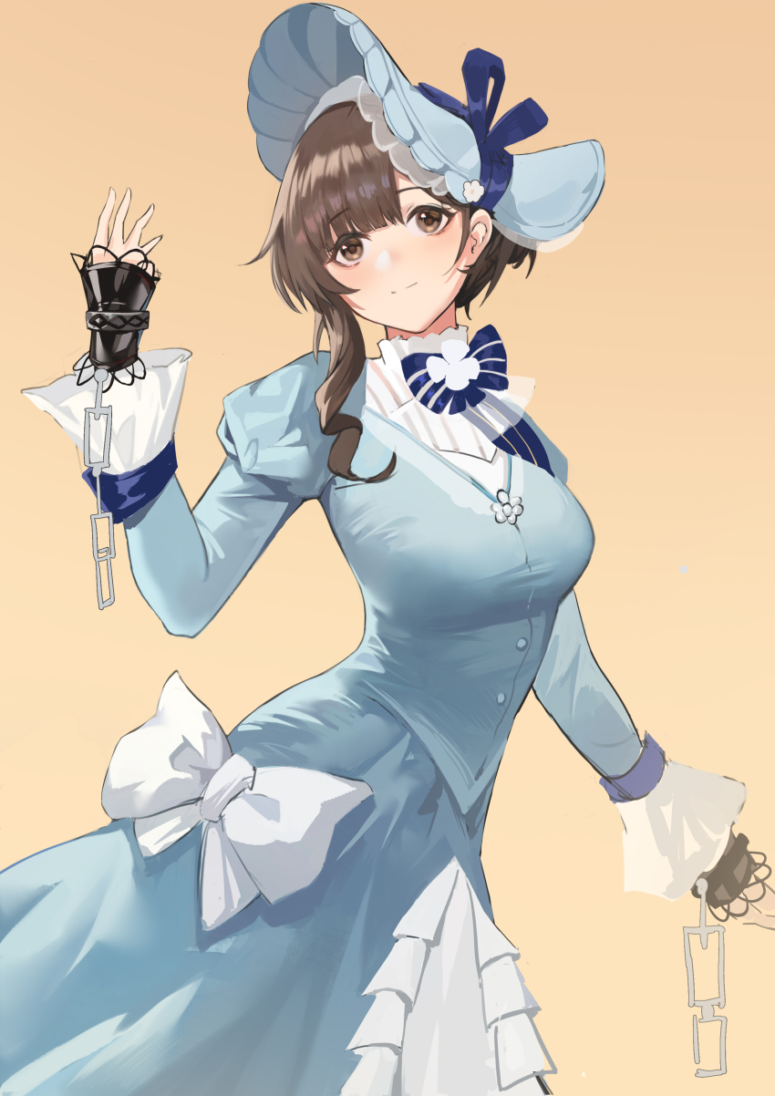 1girl absurdres blue_bow blue_dress blue_hat bonnet bow breasts broken broken_chain brown_eyes brown_hair chain cowboy_shot cuffs dress dress_bow gown hand_up hat hat_bow highres juliet_sleeves large_breasts linketo long_dress long_sleeves looking_at_viewer official_alternate_costume puffy_sleeves reverse:1999 satsuki_(reverse:1999) short_hair single_sidelock smile solo white_bow yellow_background
