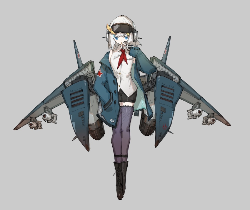 1girl aircraft airplane blue_eyes boots cigarette fighter_jet frider full_body goggles goggles_on_head highres holding holding_cigarette lace-up_boots looking_at_viewer mecha_musume mig-29 military_vehicle missile off_shoulder personification red_star rigging shirt sleeveless sleeveless_shirt solo soviet_air_force star_(symbol) tachi-e thighs war_thunder white_hair white_shirt