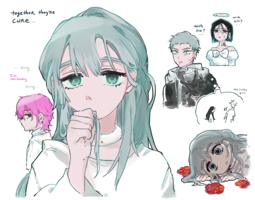 1boy 1other 2girls alien_stage black_eyes black_gloves black_hair black_jacket bob_cut bow choker commentary dress english_commentary english_text flower gloves green_eyes halo hiru315 holding holding_own_hair jacket long_hair lying multiple_girls on_side pink_hair red_flower red_pupils short_hair speech_bubble sua_(alien_stage) thought_bubble till_(alien_stage) very_short_hair white_bow white_choker white_dress