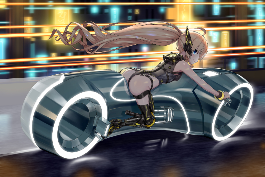 1girl ahoge ass blonde_hair blue_eyes borrowed_character breasts commission cyberpunk headgear high_heels highres leotard lightcycle long_hair looking_at_viewer mechanical_spine motion_blur motor_vehicle motorcycle mytea_(soso) neon_lights original ponytail prosthesis prosthetic_leg science_fiction skeb_commission small_breasts smile solo tron very_long_hair wind wind_lift wrist_cuffs