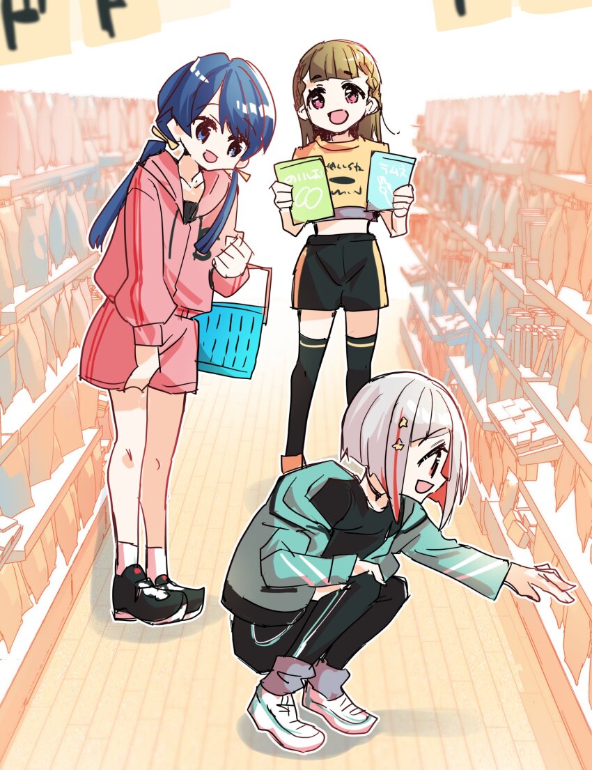 3girls :d aisle aqua_jacket black_choker black_footwear black_pants black_shirt black_shorts black_thighhighs blue_eyes blue_hair bob_cut box braid brown_hair center-flap_bangs choker collarbone colored_inner_hair commentary_request cropped_shirt dark_blue_hair diagonal_bangs dollchestra don_quijote_(store) grey_hair grey_leg_warmers hair_ornament hair_ribbon highres holding holding_box indoors inverted_bob jacket kachimachi_kosuzu kanduki_kamibukuro leg_warmers link!_like!_love_live! long_hair looking_at_another love_live! low_twintails midriff mole mole_on_neck multicolored_hair multiple_girls murano_sayaka official_alternate_costume open_mouth pants pink_eyes pink_jacket pink_shorts red_eyes red_hair ribbon shirt shoes short_hair shorts side_ahoge side_braids smile sneakers socks squatting standing star_(symbol) star_hair_ornament straight_hair streaked_hair thighhighs twintails virtual_youtuber white_footwear white_socks yellow_ribbon yellow_shirt yugiri_tsuzuri