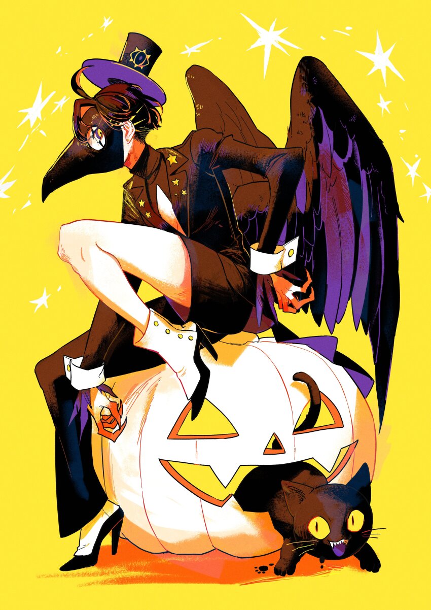 1girl absurdres animal bird_mask bird_wings brown_hair brown_suit brown_wings cat feathered_wings formal_clothes full_body halloween hand_on_own_hip hat high_heels highres jack-o&#039;-lantern looking_at_viewer mask momomo_906 original short_hair shorts sitting solo suit top_hat wings yellow_background yellow_eyes