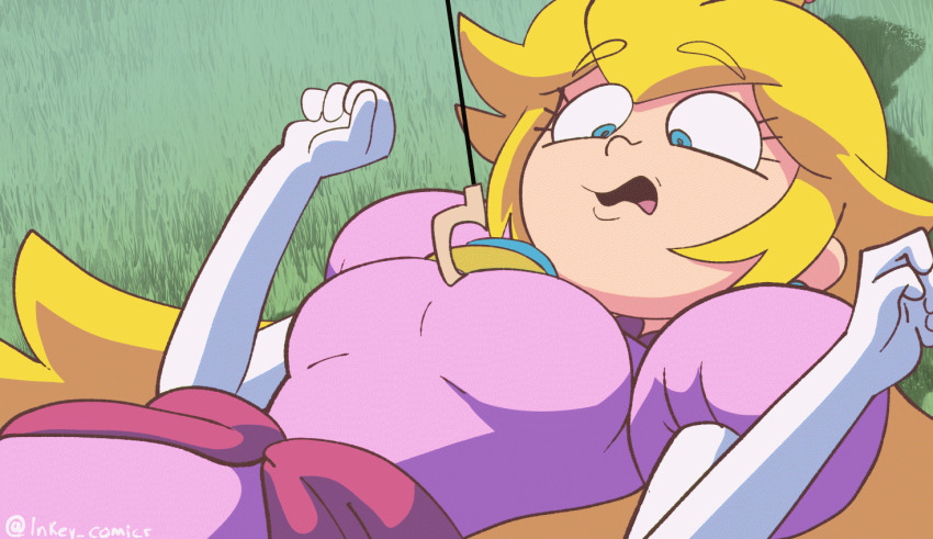1girl animated animated_gif blonde_hair blue_eyes bouncing_breasts breasts breasts_apart breasts_out bursting_breasts dress earrings ears egoraptor_(style) elbow_gloves gloves grass hook inker_comics jewelry large_areolae large_breasts long_hair looking_down lying mario_(series) nintendo nipples nose on_back open_mouth outdoors pink_dress princess princess_peach sidelocks solo source_request string tight_clothes tight_dress torn_clothes white_gloves