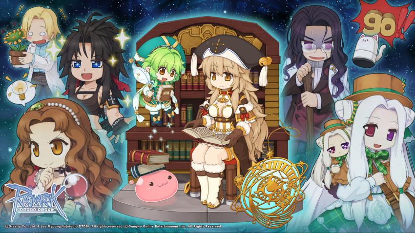+_+ 2boys 5girls :3 agnes_lugenburg arch_mage_(ragnarok_online) bell black_hair black_hat black_sports_bra blonde_hair blue_eyes book boots bow bowtie breasts brown_capelet brown_dress brown_eyes brown_gloves brown_hair brown_hat cane capelet closed_mouth coat cone_hair_bun copyright_notice dress eisen_werner elena_bolkova eye_brooch fairy fur-trimmed_boots fur-trimmed_capelet fur_trim geographer_(ragnarok_online) gloves gold_trim green_bow green_bowtie green_hair green_skirt hair_bun hat hat_bell heterochromia high_ponytail highres holding holding_book holding_cane holding_quill jingle_bell lab_coat large_breasts library logo long_hair long_sleeves looking_afar looking_at_another looking_at_viewer medium_breasts multiple_boys multiple_girls noah_hat_(ragnarok_online) official_art official_wallpaper open_clothes open_coat open_mouth orange_eyes pearl_hairband plaid_bow plaid_bowtie plaid_clothes plaid_skirt plant pointy_ears ponytail pope_(ragnarok_online) poring potted_plant purple_eyes quill ragnarok_online red_eyes shaded_face shirt short_hair sitting skirt slime_(creature) smile sports_bra table_of_contents_fairy_ink v-shaped_eyebrows very_long_hair wavy_hair white_coat white_dress white_footwear white_hair white_shirt wolfchev yuichirou