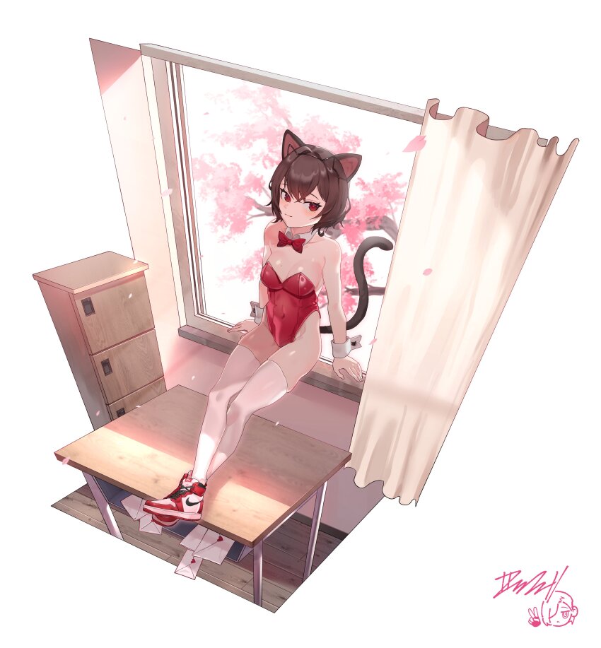 1girl absurdres air_jordan air_jordan_1 animal_ear_hairband animal_ears arm_support bare_arms bare_shoulders black_hairband black_tail bow bowtie breasts brown_hair cabinet cat_ear_hairband cat_ears cat_tail cherry_blossoms classroom collar commission covered_navel desk detached_collar fake_animal_ears falling_leaves feet_on_table full_body hairband highleg highleg_leotard highres indoors kittysuit leaf leotard letter looking_at_viewer love_letter medium_breasts mole mole_on_breast mole_under_eye nike_(company) nontraditional_playboy_bunny original playboy_bunny prunechi red_bow red_bowtie red_eyes red_leotard school_desk shimiya_jin short_hair sitting sitting_in_window skin_tight skindentation solo strapless strapless_leotard sunlight tail thighhighs white_background white_collar white_thighhighs wing_collar wooden_floor wrist_cuffs