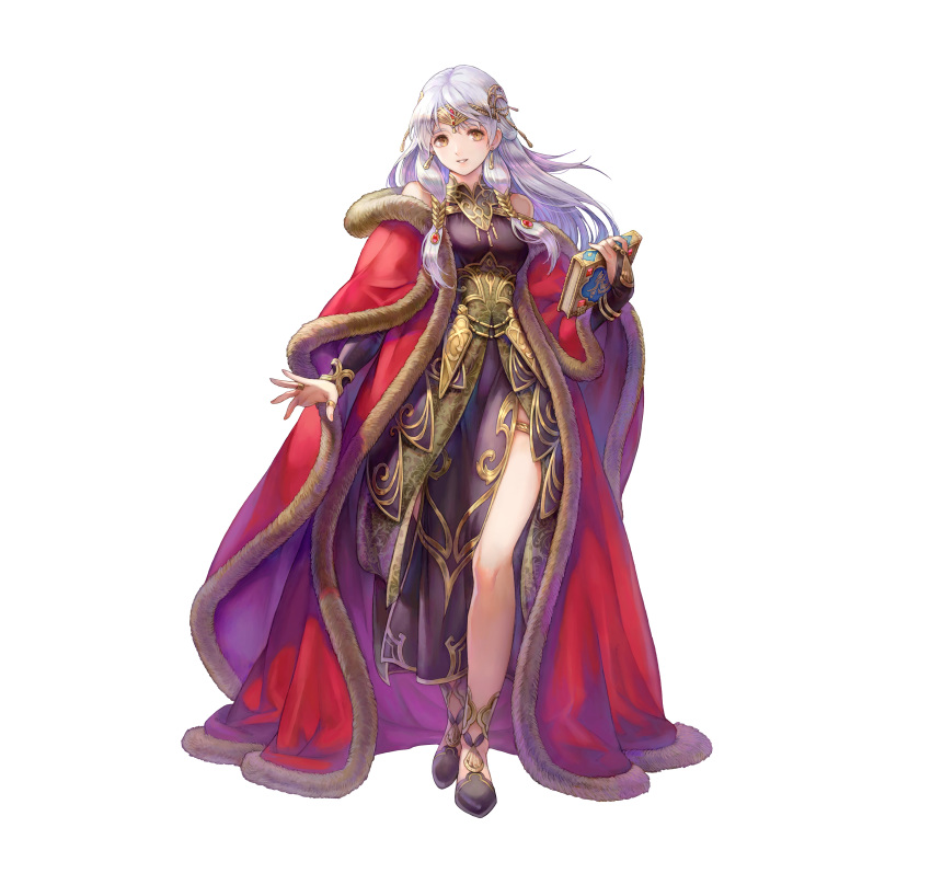 1girl absurdres bare_shoulders book breasts brown_eyes commentary dress fingernails fire_emblem fire_emblem:_radiant_dawn fire_emblem_heroes full_body fur_trim haccan hair_ornament highres holding holding_book jewelry long_hair long_sleeves looking_at_viewer medium_breasts micaiah_(fire_emblem) micaiah_(radiant_queen)_(fire_emblem) nintendo official_art parted_lips purple_dress side_slit silver_hair simple_background smile solo standing thigh_strap thighs tiara white_background