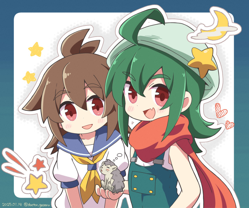 1boy 1girl :d ahoge animal antenna_hair beret blue_sailor_collar brown_hair crossed_bangs dokuta dokuta_(dokuta) flipped_hair green_hair green_hat green_overalls hair_between_eyes hair_flaps hat hat_ornament hedgehog highres holding holding_animal huge_ahoge karute_(dokuta) looking_at_viewer medium_hair neckerchief open_mouth original overalls puffy_short_sleeves puffy_sleeves red_eyes red_scarf sailor_collar scarf shirt short_sleeves smile star_(symbol) star_hat_ornament upper_body white_shirt yellow_neckerchief