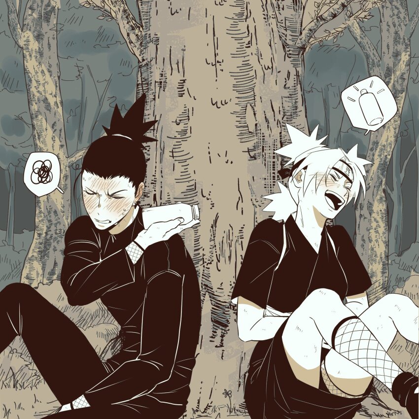 1boy 1girl arm_rest arm_up blush bottle clenched_teeth closed_eyes couple ear_piercing elbow_rest embarrassed fingerless_gloves fishnets from_side full-face_blush gloves hair_up hand_up happy headband high_ponytail highres holding holding_bottle japanese_clothes knee_up knees_up konohagakure_symbol korean_commentary laughing leaning_back long_sleeves monochrome nara_shikamaru naruto_(series) naruto_shippuuden nervous nervous_sweating ninja open_mouth outdoors pants parted_lips piercing ponytail quad_tails scribble short_sleeves sigh sitting sna9_104 spoken_object sunagakure_symbol sweat teeth temari_(naruto) thighs tree upper_teeth_only