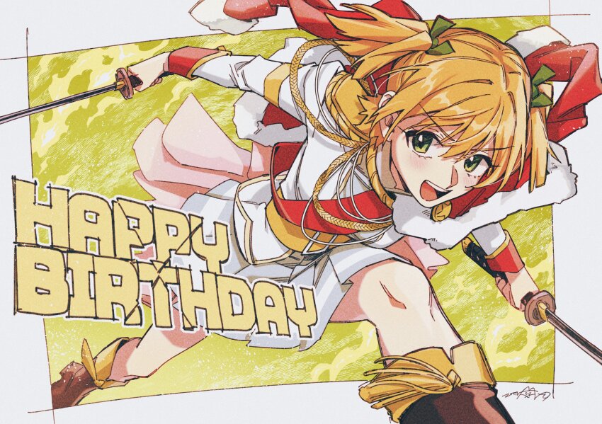 1girl :d aiguillette artist_name belt belt_buckle black_boots blonde_hair boots border buckle commentary daiba_nana dual_wielding epaulettes feet_out_of_frame fur-trimmed_jacket fur_trim gradient_background green_eyes green_ribbon grey_border grey_skirt hair_ribbon happy_birthday highres holding holding_sword holding_weapon jacket jacket_on_shoulders katana leaning_forward legs_apart light_blush light_particles long_sleeves looking_at_viewer matsugi_zuntaro miniskirt open_mouth outside_border outstretched_arm pleated_skirt red_jacket red_sash ribbon running sash short_hair short_twintails shoujo_kageki_revue_starlight shoulder_sash signature single_stripe skirt smile solo striped_clothes striped_skirt sword tassel teeth twintails upper_teeth_only v-shaped_eyebrows waist_cape weapon white_jacket yellow_background yellow_belt