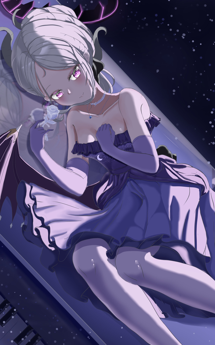 1girl absurdres adeka black_horns blue_archive blue_flower blue_rose blush bouquet demon_horns demon_wings dress elbow_gloves flower gloves grand_piano halo highres hina_(blue_archive) hina_(dress)_(blue_archive) holding holding_bouquet horns instrument jewelry looking_at_viewer multicolored_halo multiple_horns necklace official_alternate_costume official_alternate_hairstyle on_piano original pantyhose piano piano_keys purple_dress purple_eyes purple_gloves purple_pantyhose purple_wings rose solo strapless strapless_dress two-tone_halo white_flower white_hair white_rose wings