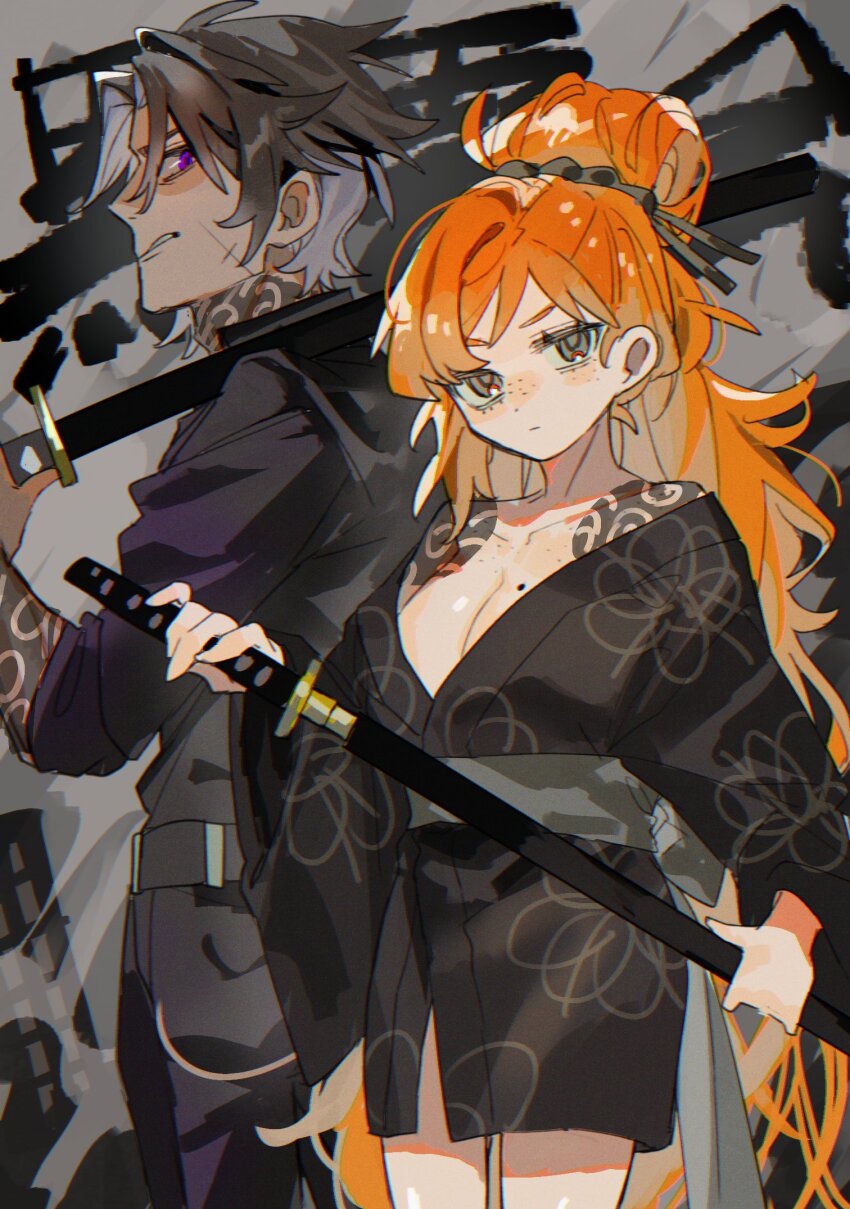 1boy 1girl black_kimono black_pants black_shirt breasts brown_hair cleavage cloud_tattoo collared_shirt dark-skinned_male dark_skin freckles green_eyes grey_background grey_sash hair_ornament hair_stick hamelon310 heathcliff_(project_moon) highres holding holding_sword holding_weapon irezumi ishmael_(project_moon) japanese_clothes katana kimono kurokumo_clan_(identity)_(project_moon) large_breasts limbus_company long_hair looking_at_viewer orange_hair pants project_moon purple_eyes scar sheath shirt shoulder_tattoo simple_background standing sword tattoo unsheathing upper_body very_long_hair weapon
