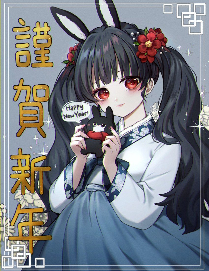 1girl animal_ears black_hair chinese_zodiac closed_mouth danby_merong floral_background flower grey_background hair_flower hair_ornament happy_new_year head_tilt highres holding holding_stuffed_toy long_hair long_sleeves new_year original rabbit_ears red_eyes red_flower red_scarf scarf smile solo stuffed_animal stuffed_rabbit stuffed_toy translation_request twintails very_long_hair year_of_the_rabbit