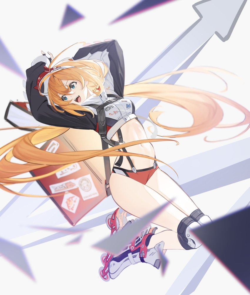 1girl :d arms_behind_head arms_up arrow_(symbol) backpack bag black_gloves blonde_hair blue_eyes blurry brand_name_imitation breasts buckle buruma chest_strap commentary_request controlline3 counter:side crop_top cropped_jacket depth_of_field fake_horns fingerless_gloves floating floating_hair full_body gloves hair_between_eyes hair_spread_out hairband high_collar highres horned_headwear horns inline_skates jacket knee_pads korean_commentary lara_jaeger leaning_back legs_together logo long_hair long_sleeves looking_away looking_to_the_side low_twintails navel open_bag open_mouth pizza_hut red_bull red_buruma revealing_clothes roller_skates sidelighting skates smile starbucks sticker stomach suspenders thighs triangle triangle_ring twintails v-shaped_eyebrows white_jacket
