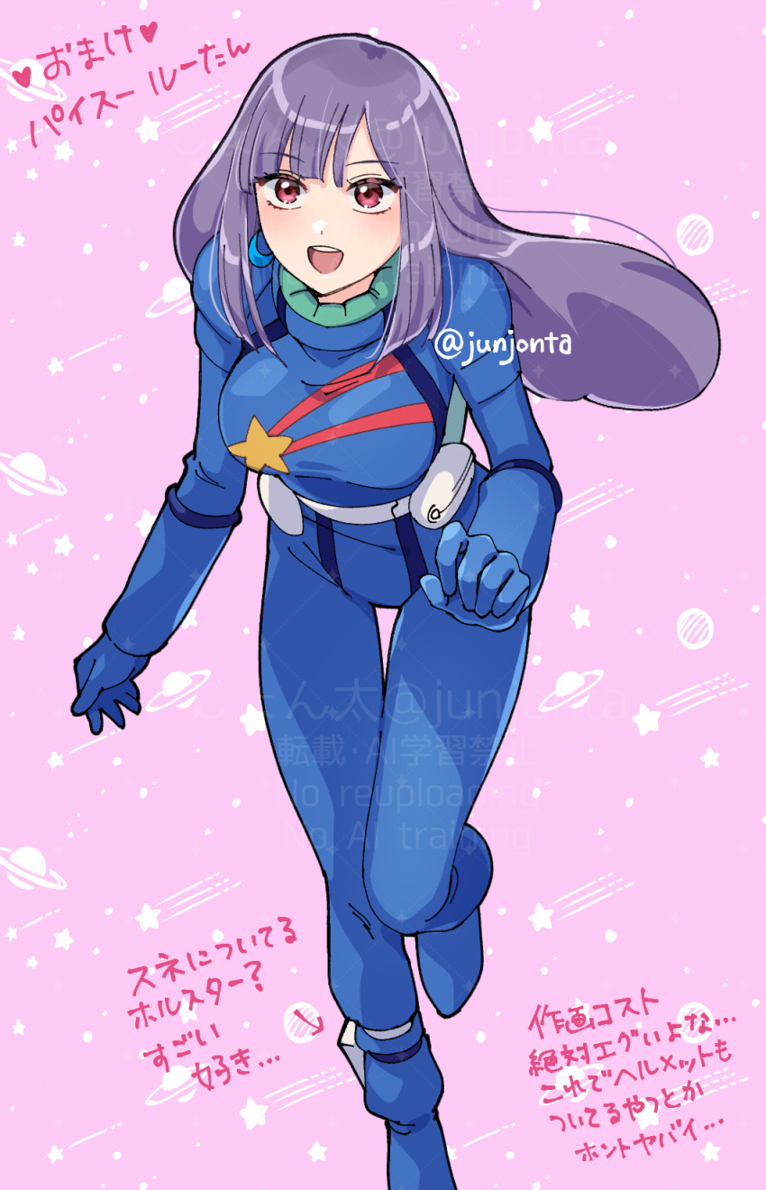 1girl blue_bodysuit bodysuit breasts earrings gundam gundam_zz highres jewelry junjonta long_hair pink_background purple_hair red_eyes roux_louka smile solo