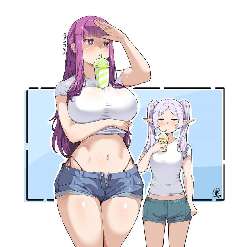 2girls alternate_costume breasts elf fern_(sousou_no_frieren) frieren highres jk_arts large_breasts multiple_girls pointy_ears sousou_no_frieren