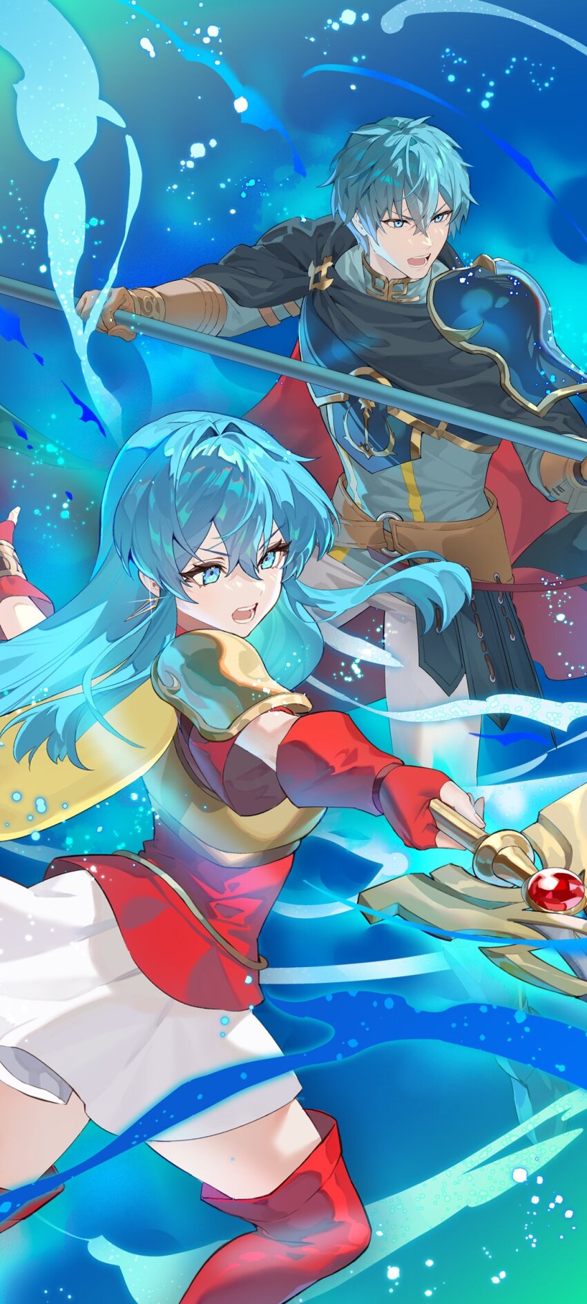 1boy 1girl absurdres armor blue_eyes blue_hair boots brother_and_sister cape commentary eirika_(emblem)_(fire_emblem) eirika_(fire_emblem) english_commentary ephraim_(emblem)_(fire_emblem) ephraim_(fire_emblem) fingerless_gloves fire_emblem fire_emblem:_the_sacred_stones fire_emblem_engage fire_emblem_heroes gloves highres holding holding_polearm holding_sword holding_weapon long_hair nintendo official_art official_wallpaper open_mouth polearm red_boots red_gloves short_hair siblings skirt sword teffish thigh_boots thighs twins weapon white_skirt yellow_armor
