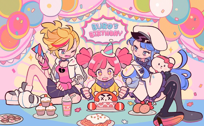 3girls absurdres ahoge balloon birthday black_footwear black_skirt blonde_hair blue_hair boots buro_(muse_dash) buro_(pilot)_(muse_dash) cake candy character_name choker cupcake dolman_(dm) dot_nose drinking_straw fang food fork gloves happy_birthday hat highres holding holding_fork holding_spoon holding_stuffed_toy indoors jacket knee_up long_hair looking_at_another marija_(muse_dash) marija_(violinist)_(muse_dash) milkshake multicolored_eyes multicolored_hair multiple_girls muse_dash one_eye_closed open_mouth parted_bangs party_hat party_popper pink_gloves pink_hair plate platform_footwear pleated_skirt ponytail rin_(bassist)_(muse_dash) rin_(muse_dash) saliva shoe_soles short_ponytail short_twintails sitting sitting_on_table skirt sparkling_eyes spoon streaked_hair stuffed_animal stuffed_toy table teddy_bear thigh_boots turtleneck twintails two-tone_eyes white_footwear white_jacket