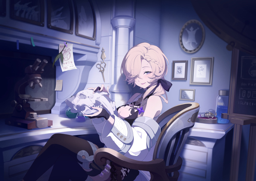1girl animal_skull bare_shoulders black_dress black_thighhighs blonde_hair braid braided_bangs breasts chair cleavage coronis_(stella_sora) drawing_(object) dress feet_out_of_frame game_cg hair_over_one_eye highres holding holding_skull indoors large_breasts looking_at_viewer microscope non-web_source official_art on_chair one_eye_covered open_mouth purple_eyes scissors short_dress sitting skull solo stella_sora syringe test_tube_holster thighhighs