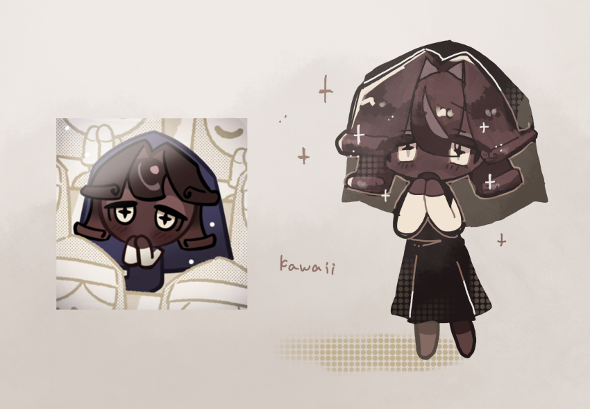 1girl black_forest_cookie chibi cookie_run cookie_run:_kingdom cross-shaped_pupils dark-skinned_female dark_skin dress full_body highres looking_at_viewer nun official_alternate_costume official_art reference_inset reference_sheet simple_background solo soltbook symbol-shaped_pupils traditional_nun white_background white_eyes