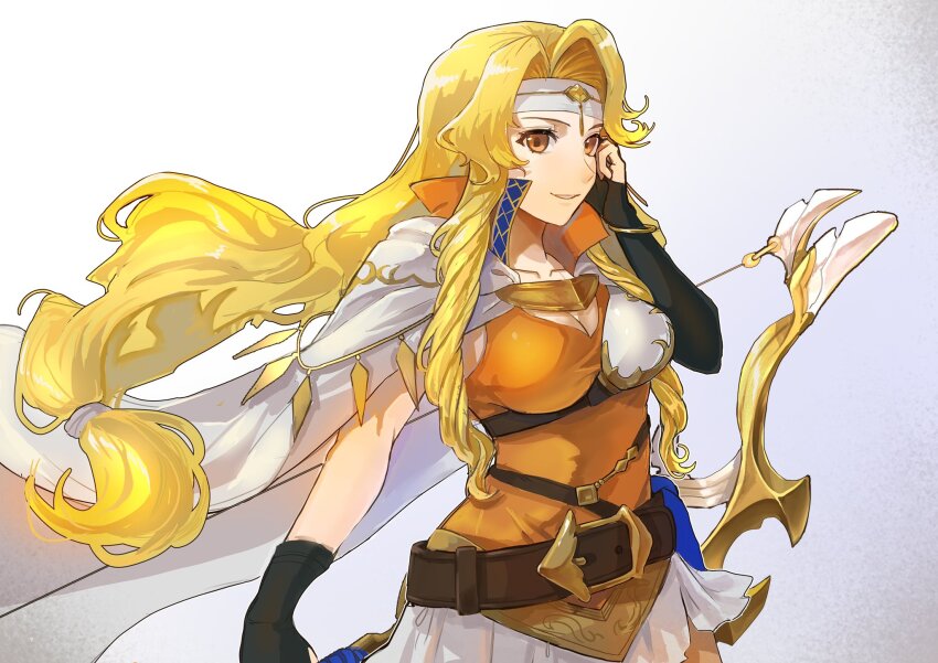 1girl belt black_gloves blonde_hair bow_(weapon) breasts brigid_(fire_emblem) cape cleavage collarbone commentary_request fire_emblem fire_emblem:_genealogy_of_the_holy_war gloves headband highres iipzeyjhms0dohl large_breasts long_hair low-tied_long_hair nintendo orange_eyes skirt smile solo standing very_long_hair weapon white_cape white_headband white_skirt