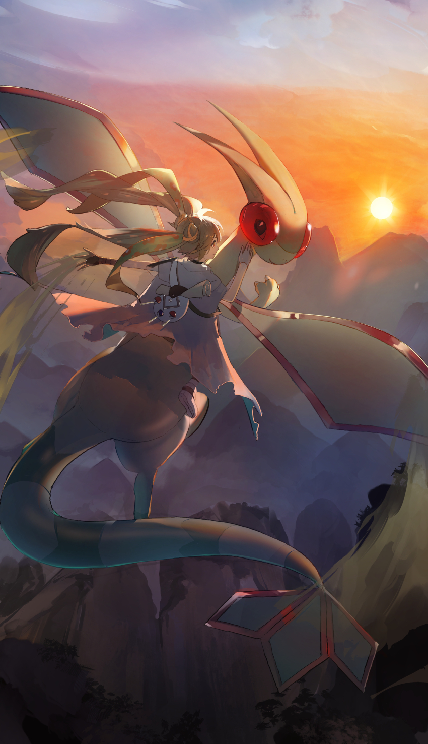 absurdres bandaged_arm bandages double_bun flygon gen_3_pokemon grey_cloak ground_miku_(project_voltage) hair_bun hatsune_miku highres kamatoyu nintendo pokemon pokemon_(creature) project_voltage vocaloid