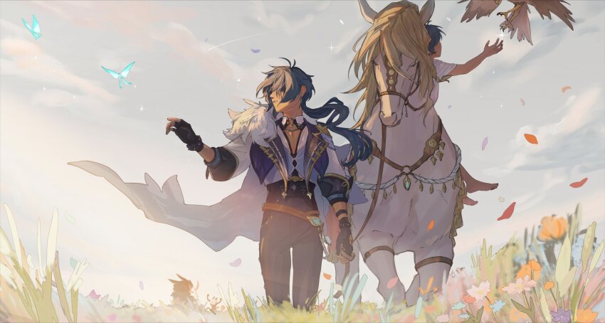 2boys aged_down aji_11300913 aqua_butterfly belt bird black_gloves black_pants blue_hair blue_jacket brown_belt capelet cloud cloudy_sky collarbone commentary_request dark-skinned_male dark_skin falling_petals feet_out_of_frame fingerless_gloves flower fur-trimmed_capelet fur_trim genshin_impact gloves grass grey_sky highres hilichurl_(genshin_impact) jacket jewelry kaeya_(genshin_impact) light_particles long_hair looking_to_the_side male_focus mitachurl_(genshin_impact) multiple_boys necklace pants parted_lips petals reaching shirt sky sparkle standing vision_(genshin_impact) white_horse white_shirt