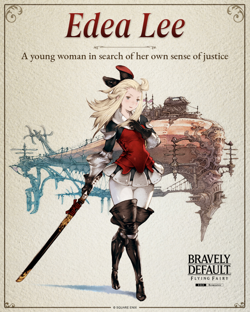 1girl aircraft airship black_boots black_gloves blonde_hair boots bravely_default:_flying_fairy bravely_default_(series) corset edea_lee english_text gloves hair_ribbon highres holding holding_sword holding_weapon long_sleeves looking_at_viewer miniskirt official_art red_corset red_ribbon ribbon simple_background skirt square_enix sword thigh_boots thighhighs thighhighs_under_boots weapon