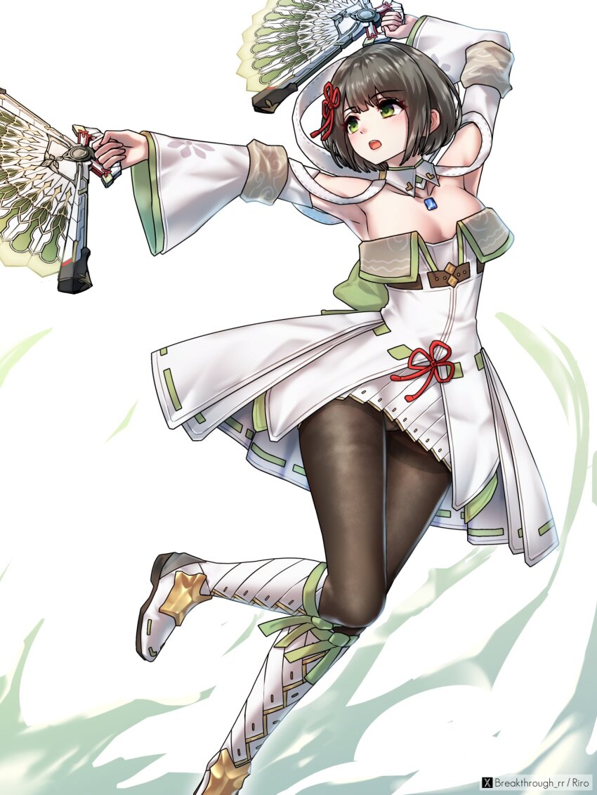 1girl agnus_female_off-seer_uniform bare_shoulders bob_cut boots bow breasts brown_hair brown_pantyhose chest_jewel cleavage detached_sleeves dress flower_knot green_bow green_eyes hand_fan highres holding holding_fan miyabi_(xenoblade) pantyhose riro_(breakthrough_rr) short_dress short_hair solo thighband_pantyhose white_boots xenoblade_chronicles_(series) xenoblade_chronicles_3