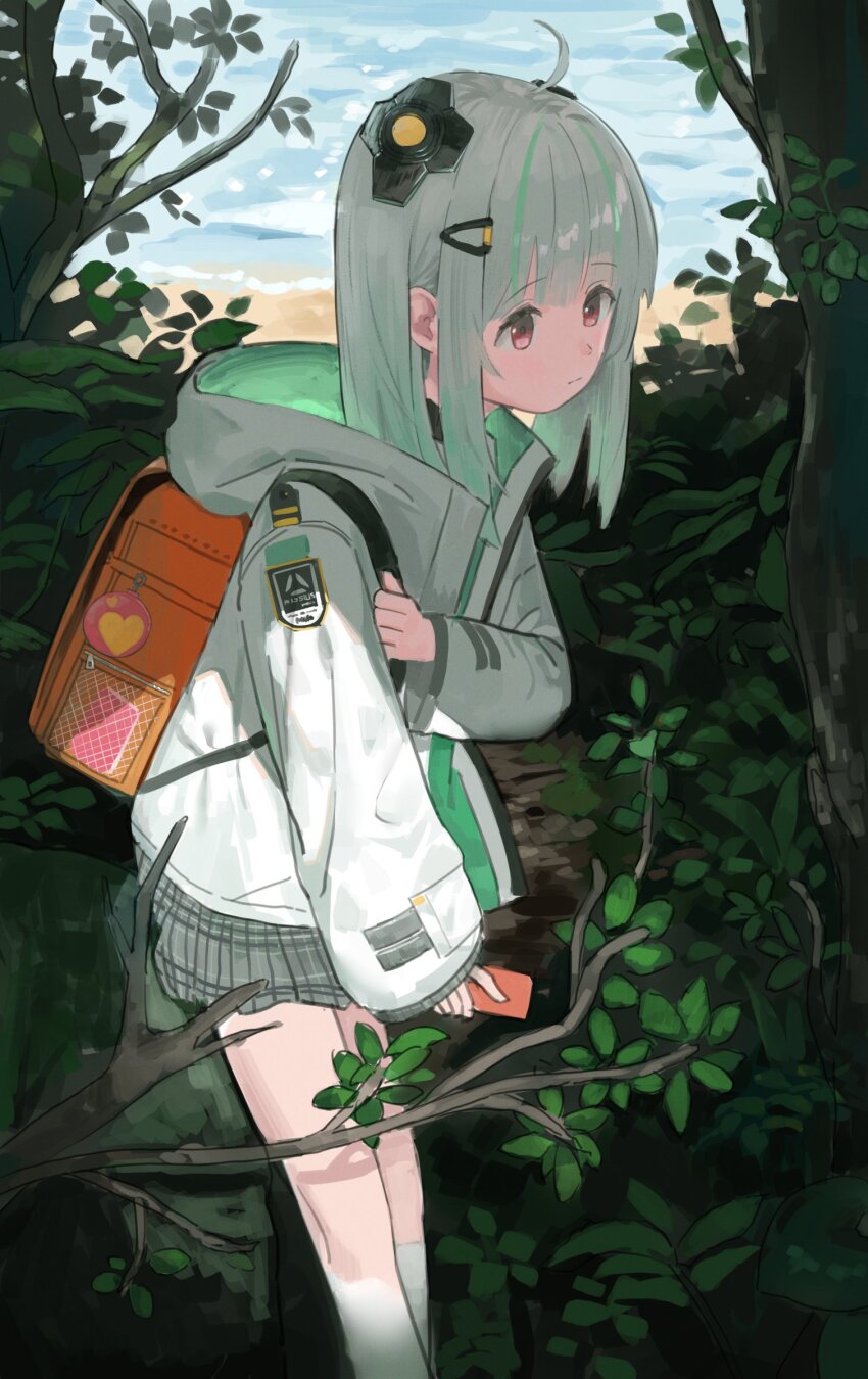 1girl absurdres admi_(nikke) ahoge backpack bag bag_charm branch bush cellphone charm_(object) crime_prevention_buzzer goddess_of_victory:_nikke gradient_hair green_hair grey_hair grey_skirt hair_ornament headgear highres holding holding_phone holding_strap hood hood_down hooded_jacket jacket kneehighs looking_down multicolored_hair outdoors peparonipi20 phone pink_eyes plaid_clothes plaid_skirt pleated_skirt randoseru sand skirt smartphone socks standing streaked_hair tree two-sided_fabric two-sided_jacket water white_jacket white_socks