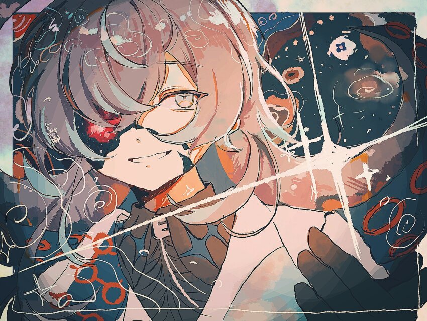 1boy collared_shirt gloves highres hoshirube_sho long_hair looking_at_viewer nijisanji otomo_(hoshirube_sho) shirt smile solo sparkle tentacles virtual_youtuber wasabi_natsume white_shirt