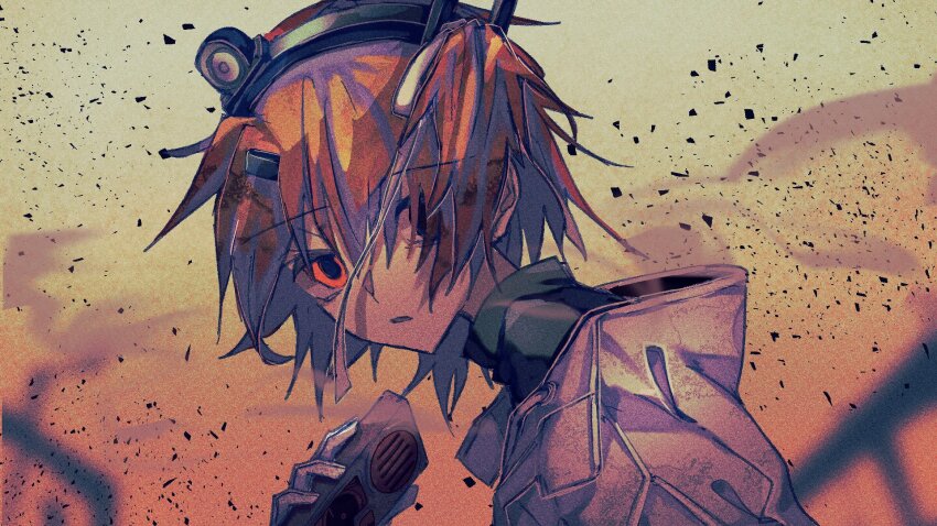 1girl a.i._voice adachi_rei aqua_background cassette_player from_side gloves gradient_background hachi38_hachi38 hair_ornament hair_ribbon hairclip headlamp highres jacket looking_at_viewer netsu_ijou_(utau) open_mouth orange_background orange_hair portrait radio_antenna ribbon solo utau white_gloves white_jacket white_ribbon