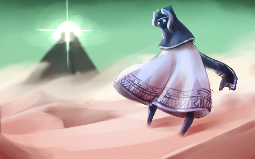1girl blue_hair commentary_request cookie_(touhou) desert dress flour_(cookie) full_body green_sky grey_dress highres journey kumoi_ichirin long_hair looking_at_viewer outdoors sky solo standing touhou traveler_(journey) ukiwagirl