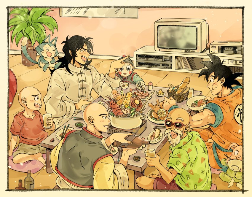 6+boys 733tenchan :d ^_^ bad_id bad_twitter_id bald basket beard bird black_hair blush border bottle bowl bread chaozu chicken chinese_clothes chopsticks closed_eyes clothes_writing commentary cup dougi dragon_ball dragon_ball_super dragon_ball_z dragon_ball_z_kami_to_kami eating facial_hair fingernails flying food fruit glasses highres holding holding_chopsticks holding_cup indoors kuririn light_particles living_room lobster looking_down male_focus meat multiple_boys mustache muten_roushi oolong open_mouth orange_(fruit) pillow plant pointing pot potted_plant pouring profile puar red-framed_eyewear seiza sitting slice_of_life smile son_goku spiked_hair symbol-only_commentary table teeth television tenshinhan upper_teeth_only white_border window wooden_floor yamcha