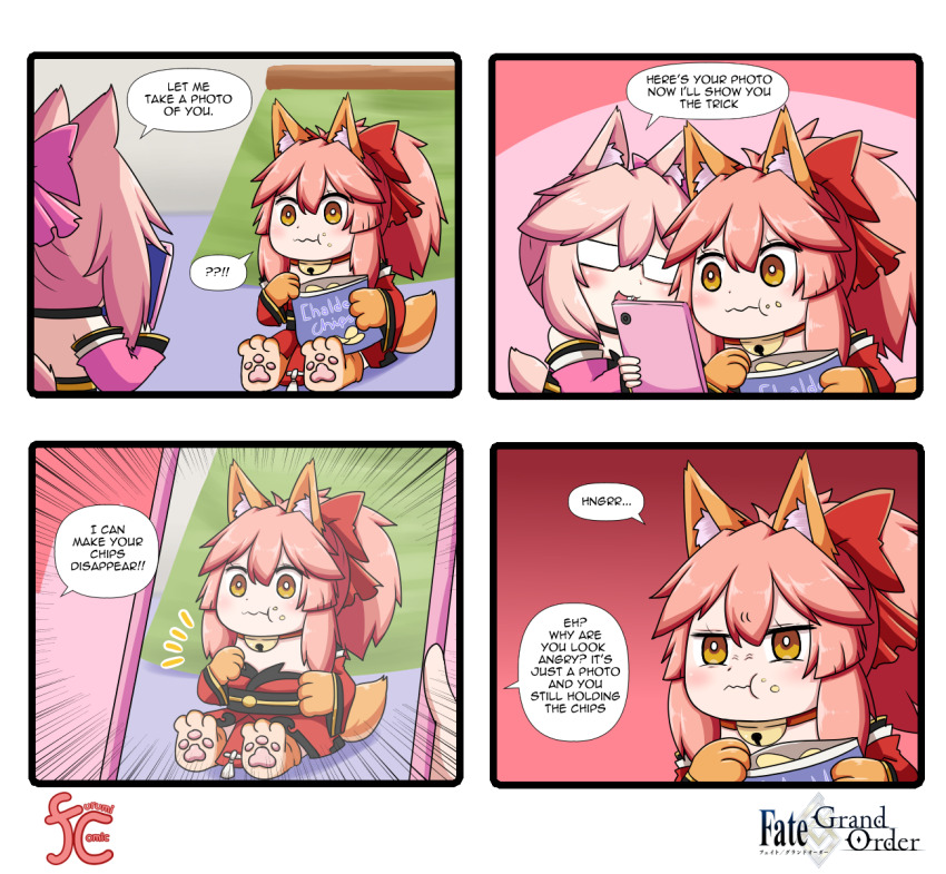 2girls 4koma animal_ear_fluff animal_ears animal_hands bare_shoulders bell blush bow cat_paws cellphone chips_(food) collar comic detached_sleeves eating english_text fate/grand_order fate_(series) food fox_ears fox_girl fox_tail glasses gloves gradient_background highres japanese_clothes jingle_bell keita_naruzawa kimono koyanskaya_(fate) mini_person minigirl multiple_girls neck_bell open_mouth paw_gloves paw_shoes phone pink_bow pink_hair pink_kimono pink_ribbon ponytail red_bow red_kimono red_ribbon ribbon side_ponytail sitting smartphone speech_bubble square_4koma tail tamamo_(fate) tamamo_cat_(fate) tamamo_cat_(first_ascension)_(fate) wavy_mouth white-framed_eyewear yellow_eyes