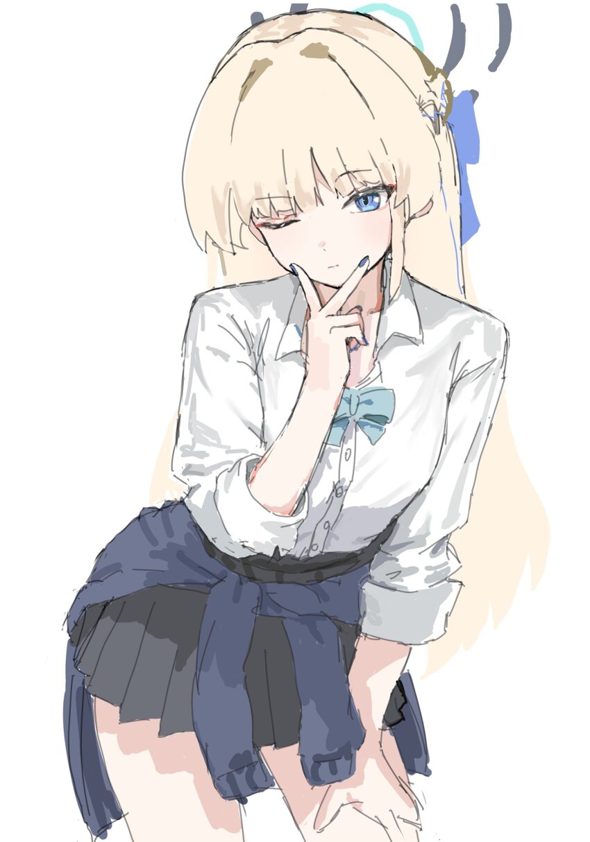 1girl abcqoq abcqoq2 aqua_bow aqua_bowtie black_skirt blonde_hair blue_archive blue_bow blue_bowtie blue_cardigan blue_eyes blue_halo blue_nails bow bowtie cardigan cardigan_around_waist closed_mouth clothes_around_waist collared_shirt cowboy_shot gyaru halo highres jacket jacket_around_waist kogal long_hair looking_at_viewer multicolored_hair nail_polish one_eye_closed pleated_skirt school_uniform shirt simple_background skirt solo streaked_hair toki_(blue_archive) toki_(school_uniform)_(blue_archive) v v_over_mouth white_background white_shirt