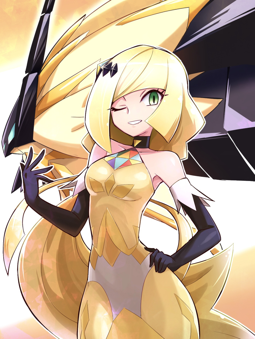 1girl bare_shoulders black_choker black_gloves blonde_hair blunt_bangs breasts choker collarbone commentary_request dress elbow_gloves eyelashes gen_7_pokemon gloves green_eyes grin hand_on_own_hip hand_up highres legendary_pokemon long_hair lusamine_(pokemon) lusamine_(sygna_suit)_(pokemon) medium_breasts necrozma necrozma_(dusk_mane) nintendo official_alternate_costume one_eye_closed pokemon pokemon_masters_ex smile teeth usoco yellow_dress