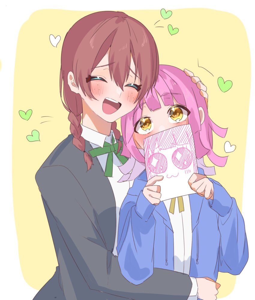 2girls :3 :d ahoge arm_around_waist black_jacket blue_hoodie blunt_bangs blunt_ends blush braid brown_hair closed_eyes collared_shirt commentary_request covering_own_mouth emma_verde freckles furrowed_brow green_ribbon hand_on_another&#039;s_head happy heart height_difference highres holding holding_paper hood hoodie hug hug_from_behind jacket looking_at_another looking_up love_live! love_live!_nijigasaki_high_school_idol_club low_twin_braids medium_hair multiple_girls neck_ribbon nijigasaki_school_uniform open_mouth osora_dao paper pink_hair raised_eyebrows ribbon rina-chan_board school_uniform shirt smile tennoji_rina twin_braids upper_body white_background white_shirt yellow_background yellow_eyes yellow_ribbon