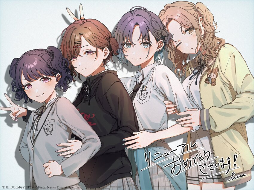 4girls ;o ahoge aqua_cardigan asakura_toru black_shirt blazer blush brown_hair bunny_ears_prank cardigan cardigan_around_waist clothes_around_waist commentary_request fingernails fukumaru_koito grey_jacket grey_skirt head_tilt highres higuchi_madoka ichikawa_hinana idolmaster idolmaster_shiny_colors iwawa jacket long_hair looking_at_viewer multiple_girls noctchill_(idolmaster) official_art one_eye_closed plaid_clothes plaid_skirt pleated_skirt purple_hair school_uniform second-party_source shirt short_hair short_twintails skirt smile twintails v yellow_cardigan